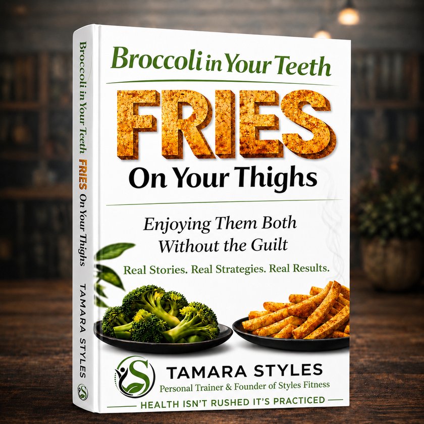 Book cover: Broccoli in Your Teeth, Fries on Your Thighs. Enjoying Them Both Without the Guilt, by Tamara Styles